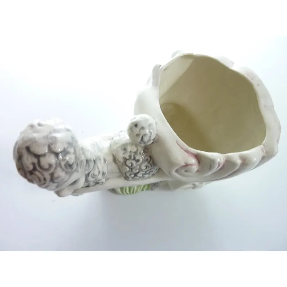 Vintage Ceramic Poodle Shell Cart Planter White Kitsch Dog Figurine Pot 6.5 Inch